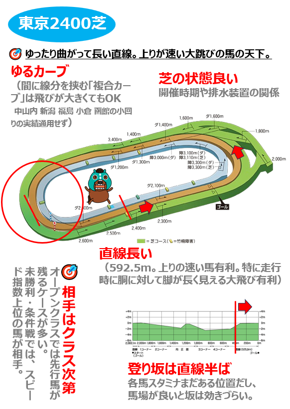 Ｑ　東京芝2400ｍの傾向と攻略法は？ Ａ　ゆるいカーブ、長い直線の関係で、上りが速い馬に有利です。開催時期や排水装置の関係で、芝の状態が良いことが多いです。