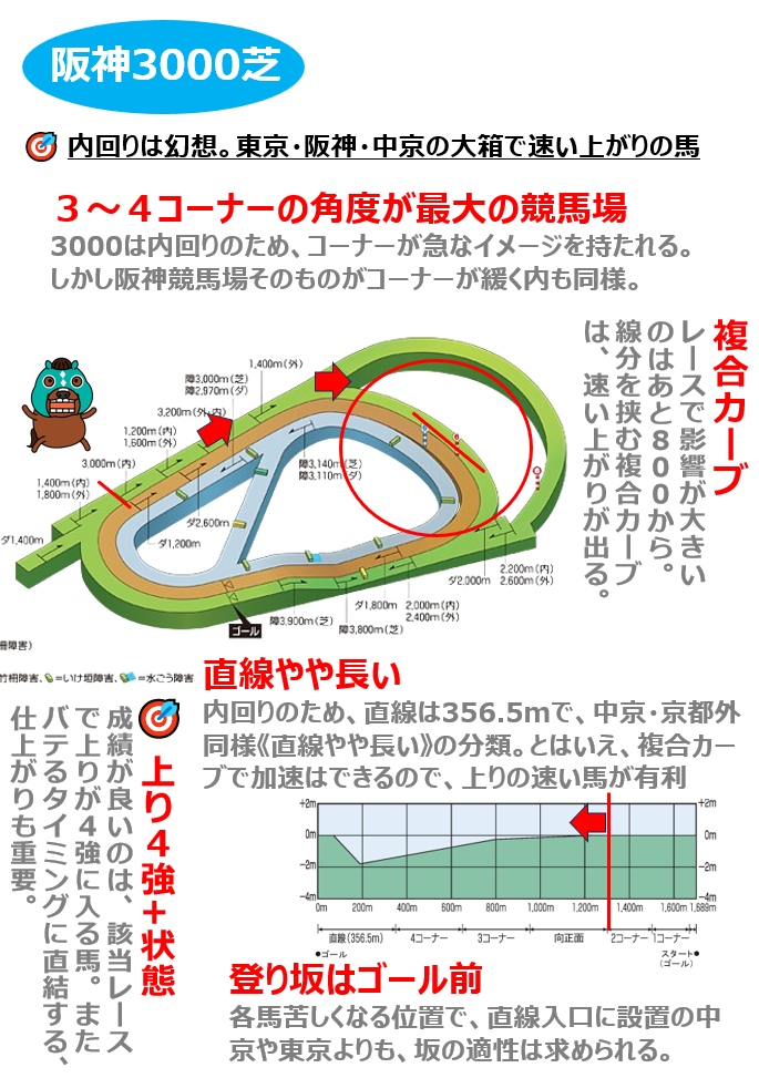 Ｑ　阪神芝3000ｍの傾向と攻略法は？ Ａ　上り４強+状態です。成績が良いのは、該当レースで上りが４強に入る馬。またバテるタイミングに直結する、仕上がりも重要。