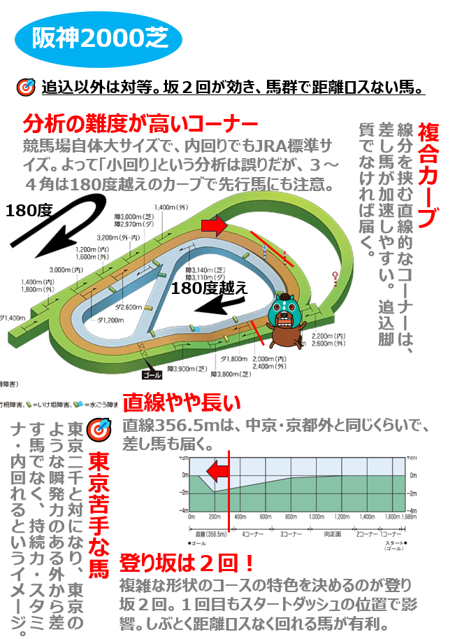 Ｑ　阪神芝2000ｍの傾向と攻略法は？ Ａ　はい。東京芝2000ｍと対になるコースです。持続力、スタミナ、内目を回れる馬が有利です。
